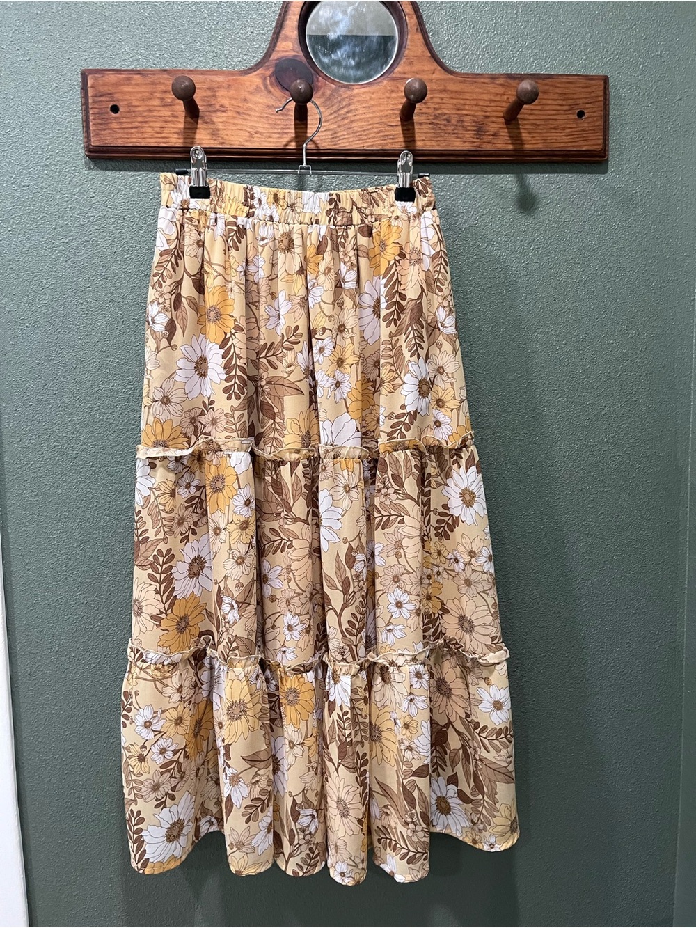 Polagram Yellow Brown Floral Tiered Maxi Skirt